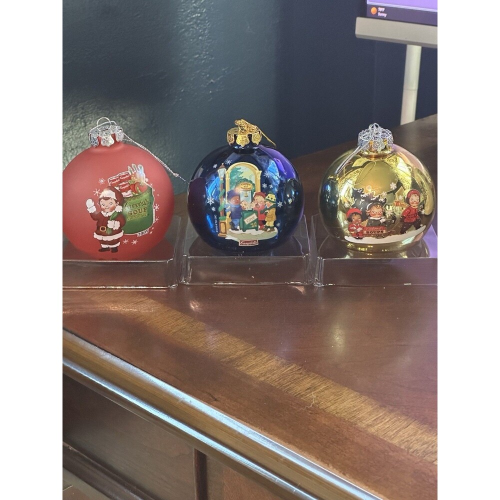 Set of 3 Glass Campbells Soup Ornaments 2009-2011 Red, Blue and Gold